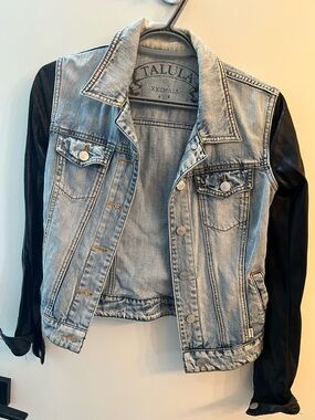 Talula Light Wash Denim Jacket with Black Faux-Leather Sleeves